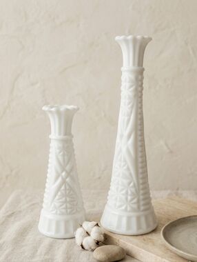 Vintage 1960s Milk Glass Bud Vases Set 2 Starburst Quilted Diamond MCM 9" and 6"